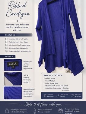 Abella Royal Blue Ribbed Open-Front Cardigan